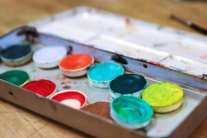 Closeup of an Used colorful make up palette with a lot of eye shadows. Green, blue, navy, yellow, orange, sparkly blue. Grease paint. Stage makeup workshop banner. Selective focus. photo