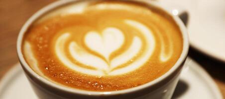 Closeup of creamy cappuccino with beautiful flower heart pattern in a white ceramic cup on a wooden table in a coffee shop. Copy space. Selective focus with bokeh photo