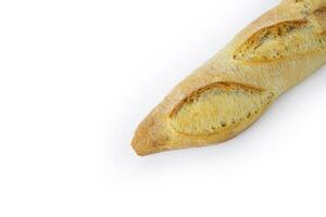 Freshly baked French baguette with a crispy golden crust. Ideal for breakfast and dinner. Traditional homemade white bread. Isolated on a white background. Closeup. With clipping path photo