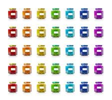 Grid of 35 colorful glass jars with blank labels, perfect for showcasing product variety and creative branding. Organized display of thirty five rainbow colored jars. Isolated on white background photo