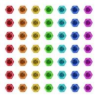 Top view of vibrant grid of 49 open rainbow colored hexagonal jars, showcasing organized symmetry, product variety, creative branding, and packaging displays. Isolated on white background photo