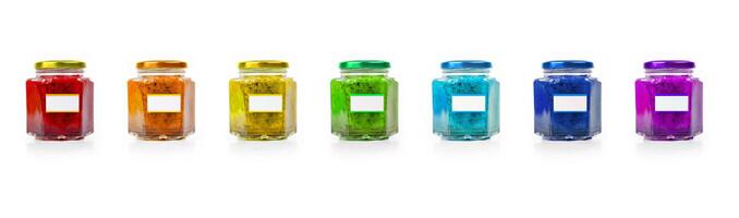 A colorful banner featuring seven glass jars each with metallic lid and blank label, perfect for branding and packaging designs. Isolated on white background. photo