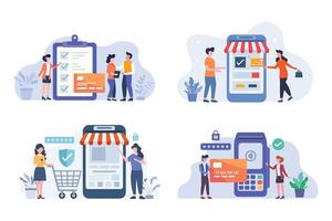 Four different illustrations of people using mobile phones vector