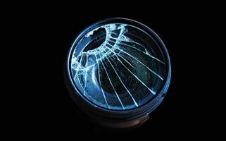 Closeup of a broken shattered camera lens with cracks, symbolizing damage and fragility of photography equipment, repair or replacement needs. Isolated on black background. Copy space photo