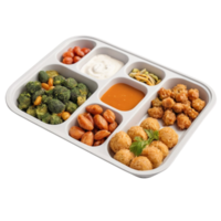 A food tray with different dishes and sauces png