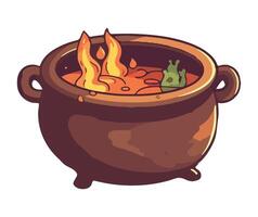 A spooky cauldron boils soup over a flame in October isolated vector
