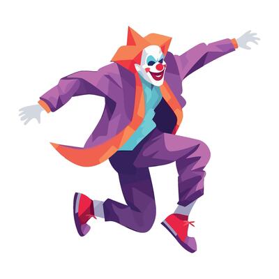 Jumping cartoon clown in Halloween costumes celebrating isolated