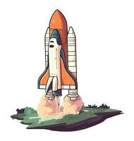 Flying spaceship taking off to space isolated vector