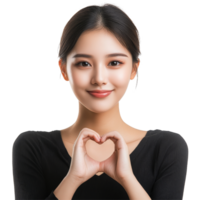 Asian woman creating a heart shape with her hands against a bright background, Beauty Asian woman making heart shape hand sign isolated transparent background png