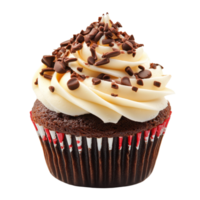 Delicious chocolate cupcake topped with creamy frosting and chocolate sprinkles on a transparent background, Delicious Cupcake isolated on transparent background for Design Use png