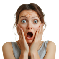 A shocked woman expressing surprise and fear in a close-up shot against a transparent background, shocked woman surprised and scared, file of isolated object on transparent background png