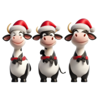 Charming cartoon cows wearing Santa hats against a transparent background during festive season, 3D Cartoon Cow Set in Santa Hats on transparent background png