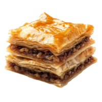 Delicious layers of baklava dessert stacked on a clean transparent background showcasing its texture, Baklava isolated on transparent background png