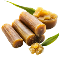Natural jaggery and sugarcane molasses displayed on a transparent background for culinary use, Sugarcane Hard Molasses or Jaggery on transparent background png