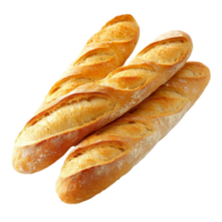 Three freshly baked baguettes isolated on a transparent background highlighting their golden crust, Baguette isolated png