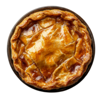 Delicious meat pie presented in a round dish viewed from above against a clean transparent backdrop, meat pie dish top view isolated on transparent background png