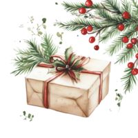 A beautifully wrapped Christmas gift surrounded by festive greenery and berries on a transparent background, Merry Christmas Gift On transparent background png