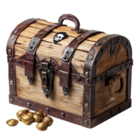 A rustic pirate treasure box filled with gold coins displayed against a stark transparent background, pirates treasure box isolated on transparent background png