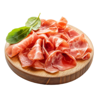 Prosciutto slices artfully arranged on a wooden plate with fresh basil leaves on a transparent background, Prosciutto on wooden plate isolated on transparent background png