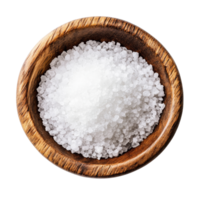 A close-up view of coarse salt in a rustic wood bowl on a clean transparent background during daylight, salt in wood bowl on transparent background png