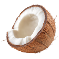 A fresh piece of coconut isolated on a transparent background showcasing its textured shell and creamy interior, Piece Coconut isolated in transparent background format png