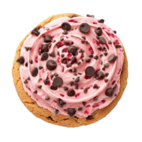 Delicious round chocolate chip cookie topped with creamy strawberry frosting and chocolate chips, round chocolate chip cookie with strawberry cream isolated on transparent backgroundfile png