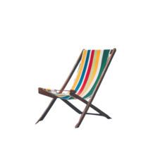 A vibrant beach deckchair resting on soft sand with a clean transparent background for relaxation, Beach deckchair transparent background png