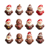 Aerial view of assorted Christmas chocolate Santa Clauses arranged on a light background, Aerial View of Christmas Chocolate Santa Clauses on transparent background png