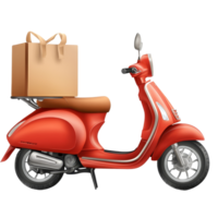 Red scooter with delivery package parked on a transparent background during the day, food delivery in scooter on transparent background png
