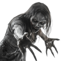 A female zombie reaching out with clawed hands against a clean transparent background in a haunting portrayal of the undead, Female Zombie Reaching Out with Claws on transparent background png