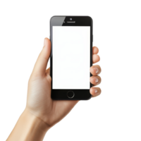 Hand holding a blank smartphone against a transparent background with a focus on device features and usability, Hand holding blank smartphone on transparent background png
