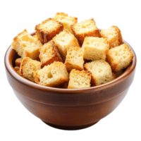 Crispy croutons piled high in a wooden bowl ready to add flavor and texture to salads and soups, Crispy croutons in bowl isolated Stock Photo png