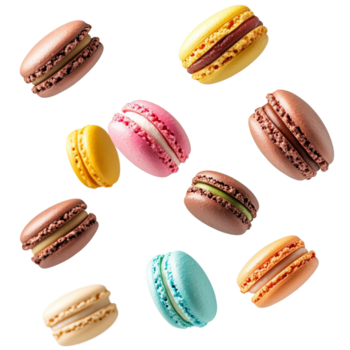 färgrik macarons flytande i de luft, skapande en nyckfull efterrätt visa för en festlig tillfälle, olika färgrik av macarons flytande på de luft isolerat på transparent backgroud png