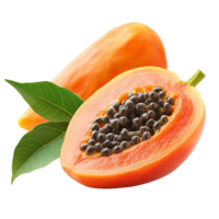 Fresh ripe papaya with vibrant red flesh and black seeds accompanied by a green leaf on a transparent backdrop, ripe papaya with leaf on transparent background png
