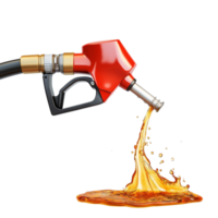 Gasoline gushing out from a fuel pump on a clean transparent background during a bright daylight setting, Gasoline gushing out from pump isolated on transparent background png