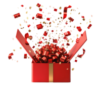 Colorful gifts bursting from an open red gift box with gold ribbons and confetti on a bright transparent background, Gifts bursting out from red open gift box over transparent background png
