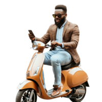 A businessman in a blazer rides a scooter while using his smartphone on a bright urban street setting, file no background Businessman riding a scooter and using his smartphone png