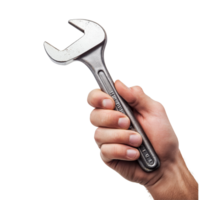 Hand gripping a silver wrench tightly against a bright transparent background for mechanical tasks and repairs, Hand Holding Wrench on transparent background png