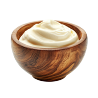 Wooden bowl filled with creamy yogurt on a clean transparent background ready for serving or enjoying, wood bowl of yogurt isolated on transparent background png