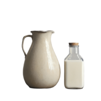 A rustic milk jug and a glass bottle of fresh milk set on a wooden table against a neutral backdrop, Milk in a jug and a bottle of milk png