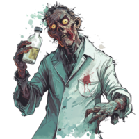 Zombie scientist holding a vial in a lab coat on a stark transparent background, evoking a chilling atmosphere, zombie scientist on transparent background png