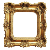 Elegant golden baroque picture frame isolated on a transparent background for artistic display and design projects, golden baroque picture frame isolated on transparent background png