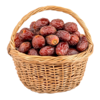 Dried red dates placed in a woven basket on a transparent surface inviting a closer look at their rich texture, Dried red date or Chinese jujube in basket on transparent background png