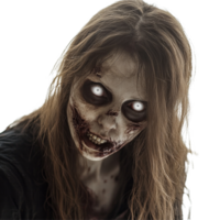 A haunting portrait of a female zombie with transparent eyes and disheveled hair against a stark transparent background, Portrait of a Female Zombie with transparent Eyes on transparent background png