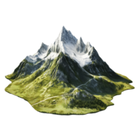 Mountain landscape featuring a snow-capped peak and lush green fields set against a bright transparent background, mountain landscape isolated on transparent background png