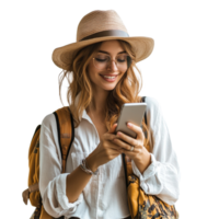 A woman with a backpack joyfully connecting with friends while traveling, file no background Traveling woman connecting with her smartphone png