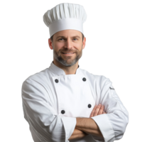 ejecutivo cocinero en un profesional uniforme posando con confianza en contra un transparente antecedentes en un culinario configuración, ejecutivo cocinero en transparente antecedentes png