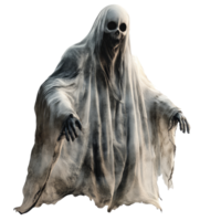 Isolated scary ghost with hollow eyes and tattered cloak hauntingly floating against a stark transparent background, Scary ghost isolated on transparent background png