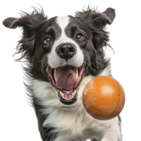 Joyful dog chasing a ball with a playful expression in an isolated setting, dog play ball in motion, look on camera, isolated transparent background png