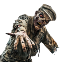 Military zombie with tattered uniform reaching out in a chilling pose against a pure transparent background, Military zombie on transparent background png